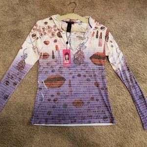 Vtg Y2K Custo Barcelona Purple White Burnout Lips Lipstick Top